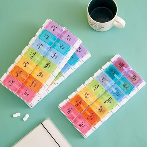 Large AM PM Pill Organizer 2 Times a Day, 7 Day Weekly Pill Box with 14 Compartments, 2 Week Medicine Organizer with Easy Push Button for Pills, Vitamins, Fish Oil and Supplements（Colorful） in Kuwait