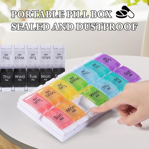 Large AM PM Pill Organizer 2 Times a Day, 7 Day Weekly Pill Box with 14 Compartments, 2 Week Medicine Organizer with Easy Push Button for Pills, Vitamins, Fish Oil and Supplements（Colorful） in Kuwait