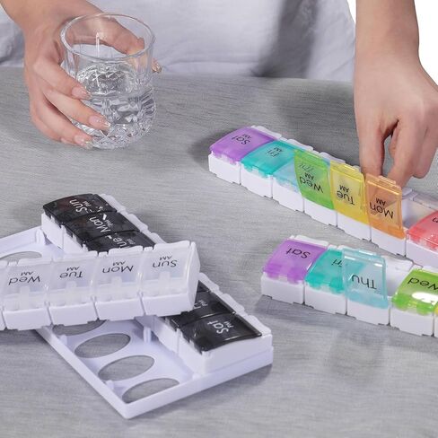Large AM PM Pill Organizer 2 Times a Day, 7 Day Weekly Pill Box with 14 Compartments, 2 Week Medicine Organizer with Easy Push Button for Pills, Vitamins, Fish Oil and Supplements（Colorful） in Kuwait