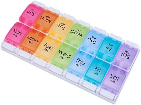 Large AM PM Pill Organizer 2 Times a Day, 7 Day Weekly Pill Box with 14 Compartments, 2 Week Medicine Organizer with Easy Push Button for Pills, Vitamins, Fish Oil and Supplements（Colorful） in Kuwait