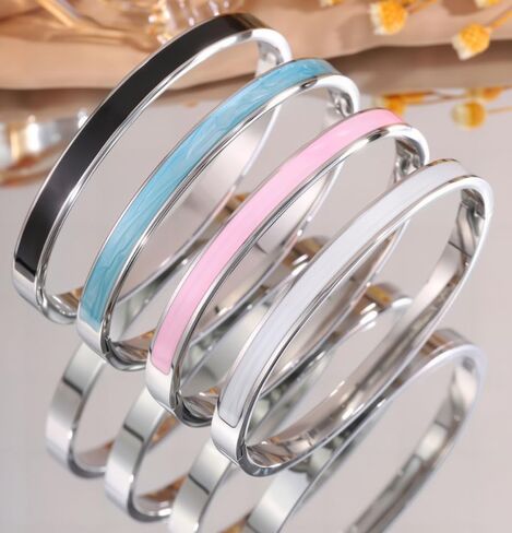 Stainless Steel Silver Bracelets for Women – 4PCS Trendy Stackable Bangles with Vibrant Multicolor Enamel in Kuwait