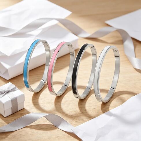 Stainless Steel Silver Bracelets for Women – 4PCS Trendy Stackable Bangles with Vibrant Multicolor Enamel in Kuwait