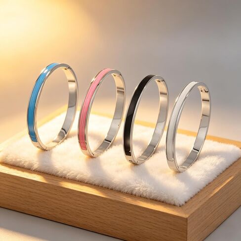 Stainless Steel Silver Bracelets for Women – 4PCS Trendy Stackable Bangles with Vibrant Multicolor Enamel in Kuwait