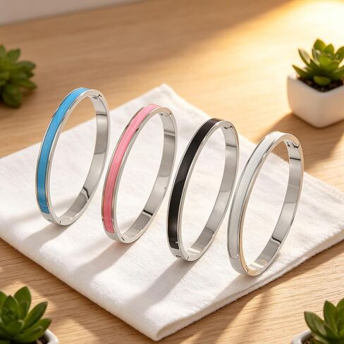 Stainless Steel Silver Bracelets for Women – 4PCS Trendy Stackable Bangles with Vibrant Multicolor Enamel in Kuwait