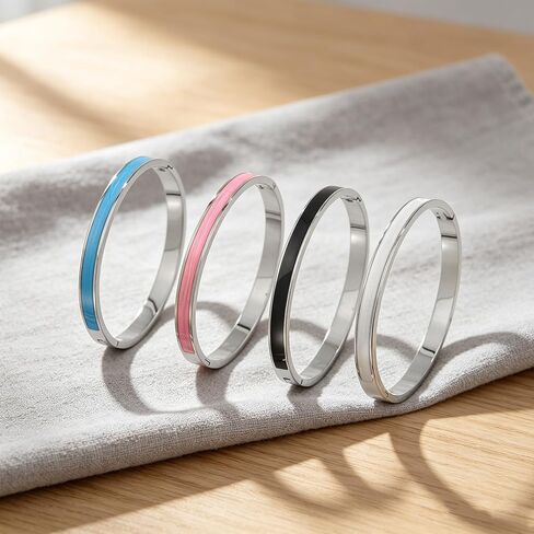 Stainless Steel Silver Bracelets for Women – 4PCS Trendy Stackable Bangles with Vibrant Multicolor Enamel in Kuwait