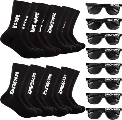 8 Set Groomsmen Gifts Including 8 Plastic Groom Sunglasses 8 Black Best Man Socks for Bachelor Party Supplies in Saudi Arabia