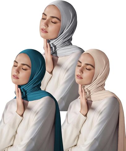 Harewom Muslim Hijab for Women Soft Stretch Headscarf Large Plain Turban Wrap Shawl Head Wrap for Everyday Wear(Light Grey,Beige,Teal) in Kuwait