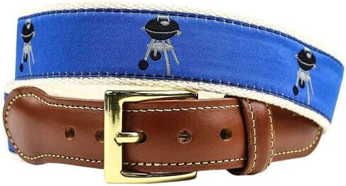 Country Club Prep Grillin Tab Belt for Men | Leather | Anti-Scratch Brass Buckle | 7 Sizes - Blue on Natural Canvas in Saudi Arabia