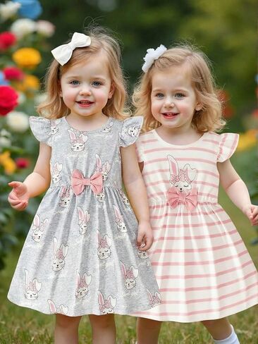 Girls' 2-piece Easter Cute Rabbit Pattern Crew Neck Short Sleeve Dress, red and White Stripes, Simple and Lovely in Kuwait