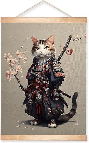 HEYJEEPER Samurai Cat Wall Art 14x18.5 Inch Linen Canvas Poster, Vintage Japanese Cat Warrior Print Wall Hanging Poster, Funny Animal Print for Living Room Bedroom Home Decor Gift（Japanese Cats） in Saudi Arabia