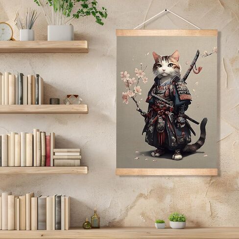 HEYJEEPER Samurai Cat Wall Art 14x18.5 Inch Linen Canvas Poster, Vintage Japanese Cat Warrior Print Wall Hanging Poster, Funny Animal Print for Living Room Bedroom Home Decor Gift（Japanese Cats） in Saudi Arabia