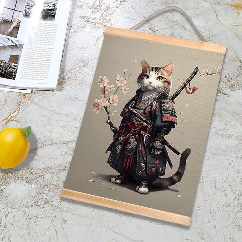 HEYJEEPER Samurai Cat Wall Art 14x18.5 Inch Linen Canvas Poster, Vintage Japanese Cat Warrior Print Wall Hanging Poster, Funny Animal Print for Living Room Bedroom Home Decor Gift（Japanese Cats） in Saudi Arabia