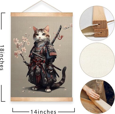 HEYJEEPER Samurai Cat Wall Art 14x18.5 Inch Linen Canvas Poster, Vintage Japanese Cat Warrior Print Wall Hanging Poster, Funny Animal Print for Living Room Bedroom Home Decor Gift（Japanese Cats） in Saudi Arabia