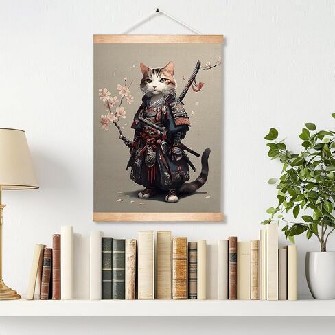 HEYJEEPER Samurai Cat Wall Art 14x18.5 Inch Linen Canvas Poster, Vintage Japanese Cat Warrior Print Wall Hanging Poster, Funny Animal Print for Living Room Bedroom Home Decor Gift（Japanese Cats） in Saudi Arabia