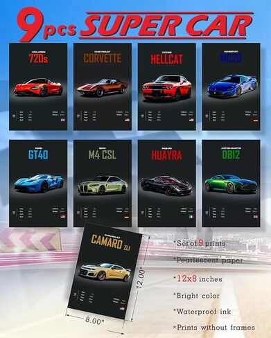 dazongweihan 9pcs Super Car Posters for Boys Room, Racing Car Wall Art for Men Guys, Sports Car Wall Decor, Race Cars Pictures Wall Decor for Bedroom Dorm Man Cave (Unframe,8x12inch)- A4 in Saudi Arabia