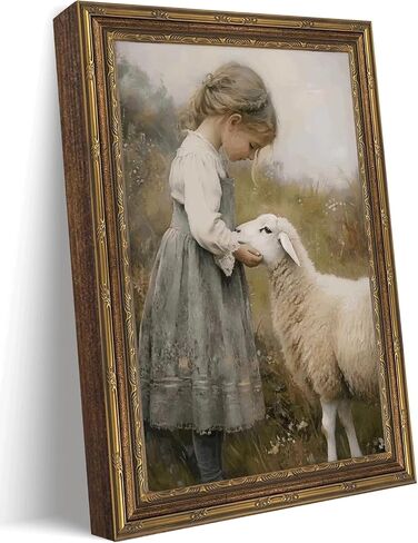 Gold Framed Vintage Aesthetic Girl With Sheep Wall Art Rustic Farmhouse Print Poster Artwork Sheep Cottagecore Wall Decor for Living Room Bedroom Bathroom Decoration 9x11in in Kuwait