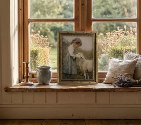 Gold Framed Vintage Aesthetic Girl With Sheep Wall Art Rustic Farmhouse Print Poster Artwork Sheep Cottagecore Wall Decor for Living Room Bedroom Bathroom Decoration 9x11in in Kuwait