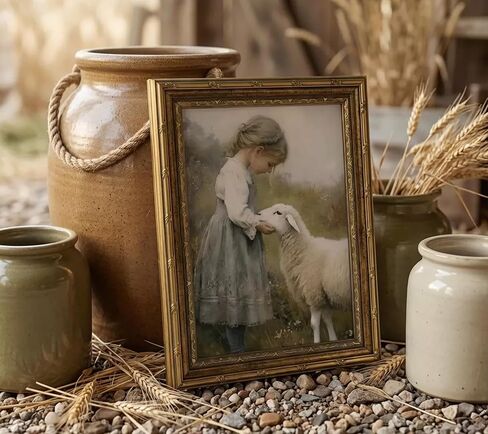 Gold Framed Vintage Aesthetic Girl With Sheep Wall Art Rustic Farmhouse Print Poster Artwork Sheep Cottagecore Wall Decor for Living Room Bedroom Bathroom Decoration 9x11in in Kuwait