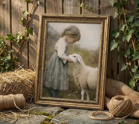 Gold Framed Vintage Aesthetic Girl With Sheep Wall Art Rustic Farmhouse Print Poster Artwork Sheep Cottagecore Wall Decor for Living Room Bedroom Bathroom Decoration 9x11in in Kuwait