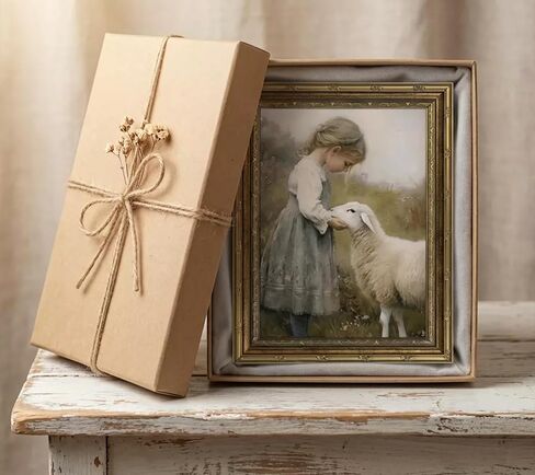 Gold Framed Vintage Aesthetic Girl With Sheep Wall Art Rustic Farmhouse Print Poster Artwork Sheep Cottagecore Wall Decor for Living Room Bedroom Bathroom Decoration 9x11in in Kuwait