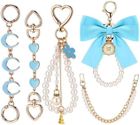 5 Pcs Pearl Chain Bag Extender Chain - Ribbon Bow Keychain Heart Clasp Gold - Purse Bag Charms Set for Handbag in Saudi Arabia