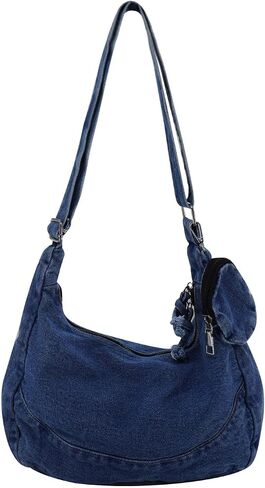 حقائب Andiker Denim Crossbody للنساء، حقيبة عتيقة متوسطة الحجم من الدنيم مع حزام كتف قابل للتعديل وحقيبة عملات صغيرة قابلة للفصل in Kuwait