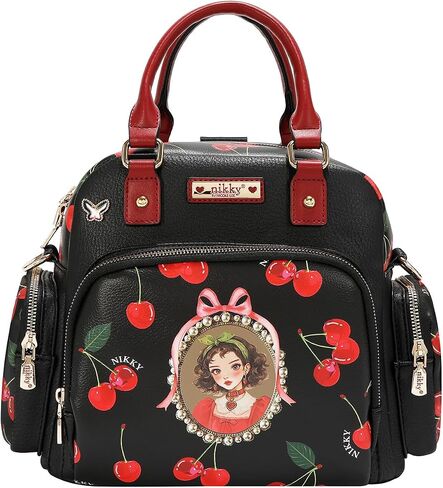 Nicole Lee Nikky Bag Convertible Handbag, Black, Pebbled Eco-Leather, Cherry Lips Print, Dual Handles, Multiple Pockets (CHERRY LIPS BLACK) in Saudi Arabia