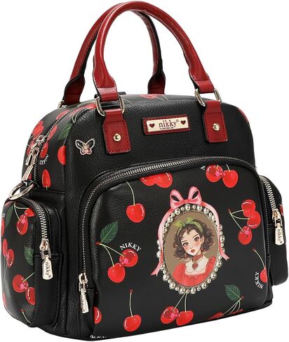 Nicole Lee Nikky Bag Convertible Handbag, Black, Pebbled Eco-Leather, Cherry Lips Print, Dual Handles, Multiple Pockets (CHERRY LIPS BLACK) in Saudi Arabia