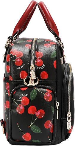Nicole Lee Nikky Bag Convertible Handbag, Black, Pebbled Eco-Leather, Cherry Lips Print, Dual Handles, Multiple Pockets (CHERRY LIPS BLACK) in Saudi Arabia