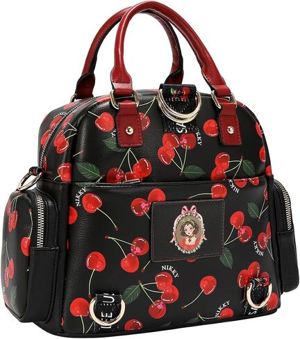 Nicole Lee Nikky Bag Convertible Handbag, Black, Pebbled Eco-Leather, Cherry Lips Print, Dual Handles, Multiple Pockets (CHERRY LIPS BLACK) in Saudi Arabia