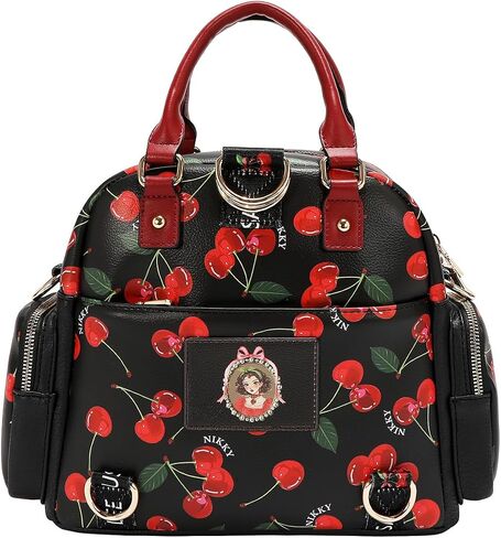 Nicole Lee Nikky Bag Convertible Handbag, Black, Pebbled Eco-Leather, Cherry Lips Print, Dual Handles, Multiple Pockets (CHERRY LIPS BLACK) in Saudi Arabia