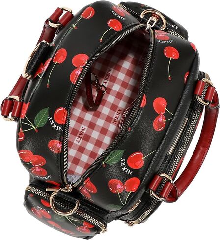 Nicole Lee Nikky Bag Convertible Handbag, Black, Pebbled Eco-Leather, Cherry Lips Print, Dual Handles, Multiple Pockets (CHERRY LIPS BLACK) in Saudi Arabia
