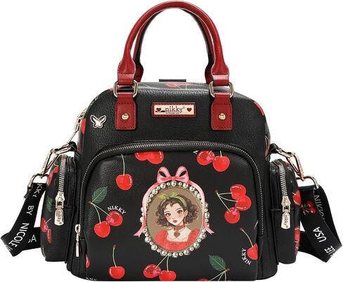 Nicole Lee Nikky Bag Convertible Handbag, Black, Pebbled Eco-Leather, Cherry Lips Print, Dual Handles, Multiple Pockets (CHERRY LIPS BLACK) in Saudi Arabia