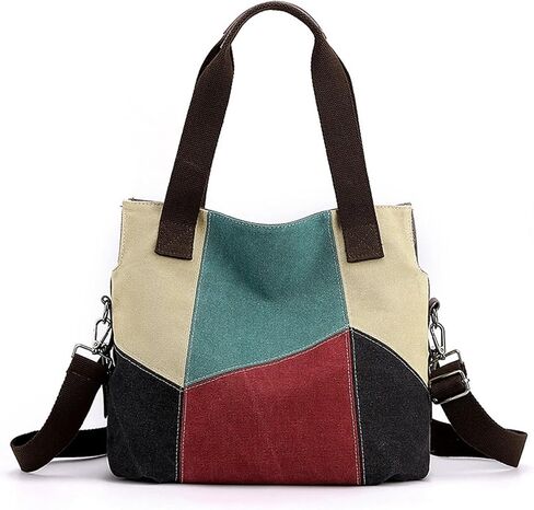 Patchwork Canvas Tote Bag for Women, Large Color-blocking Crossbody Shoulder Bag Shopping Bag in Saudi Arabia