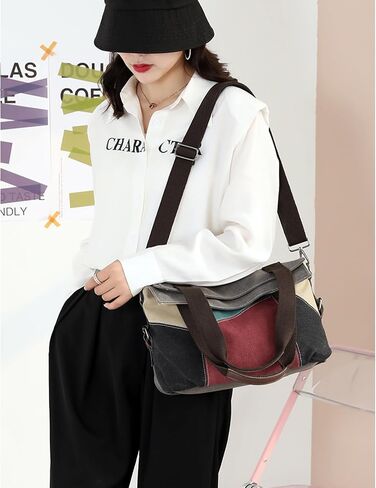 Patchwork Canvas Tote Bag for Women, Large Color-blocking Crossbody Shoulder Bag Shopping Bag in Saudi Arabia