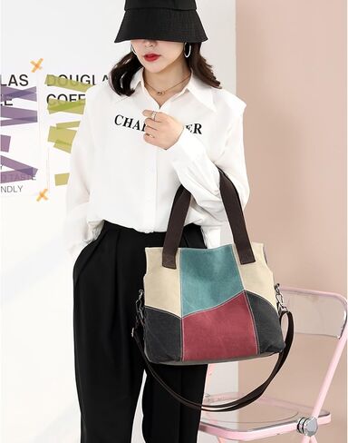 Patchwork Canvas Tote Bag for Women, Large Color-blocking Crossbody Shoulder Bag Shopping Bag in Saudi Arabia