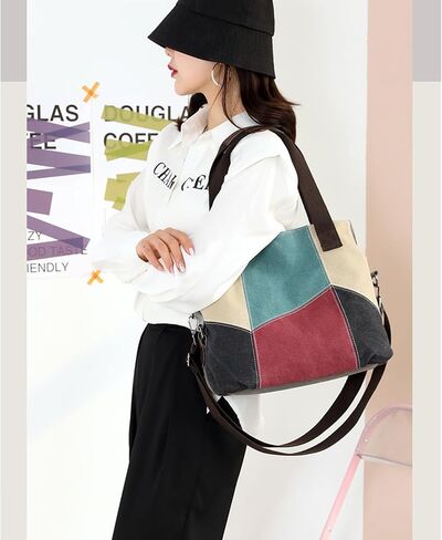 Patchwork Canvas Tote Bag for Women, Large Color-blocking Crossbody Shoulder Bag Shopping Bag in Saudi Arabia