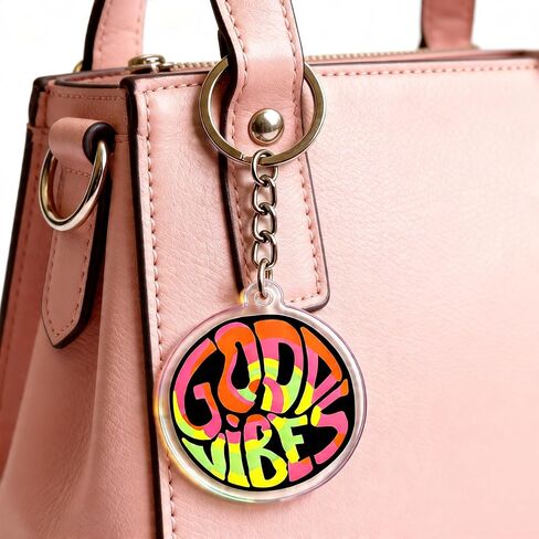 سلسلة مفاتيح "Good Vibes" من الأكريليك المخدر القديم - إكسسوار ملون على طراز السبعينيات للمفاتيح والحقائب وحقائب الظهر - هدية ممتعة للهيبيين ورواد المهرجانات والأرواح الإيجابية in Kuwait