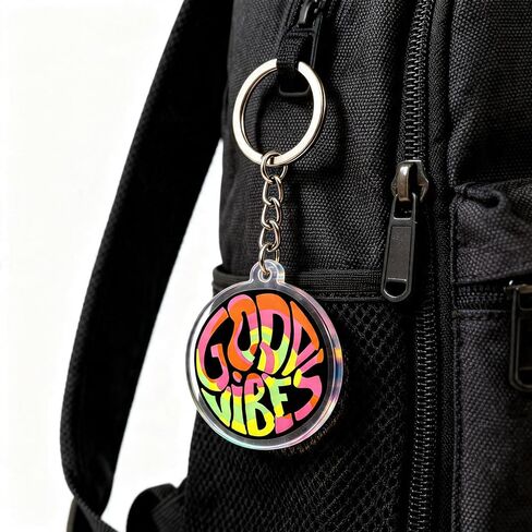 سلسلة مفاتيح "Good Vibes" من الأكريليك المخدر القديم - إكسسوار ملون على طراز السبعينيات للمفاتيح والحقائب وحقائب الظهر - هدية ممتعة للهيبيين ورواد المهرجانات والأرواح الإيجابية in Kuwait