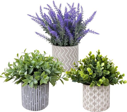 Set of 3 Artificial Potted Plants, Faux Eucalyptus Lavender and Tea Tree Greenery in Cement Pots, Small Fake Plants for Shelf Bathroom Office Desk Decor in Saudi Arabia
