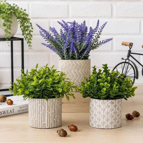 Set of 3 Artificial Potted Plants, Faux Eucalyptus Lavender and Tea Tree Greenery in Cement Pots, Small Fake Plants for Shelf Bathroom Office Desk Decor in Saudi Arabia