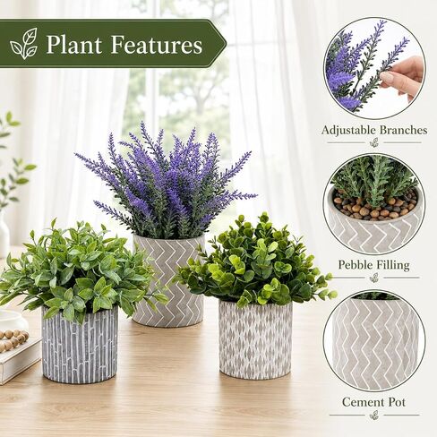 Set of 3 Artificial Potted Plants, Faux Eucalyptus Lavender and Tea Tree Greenery in Cement Pots, Small Fake Plants for Shelf Bathroom Office Desk Decor in Saudi Arabia