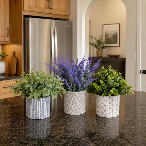 Set of 3 Artificial Potted Plants, Faux Eucalyptus Lavender and Tea Tree Greenery in Cement Pots, Small Fake Plants for Shelf Bathroom Office Desk Decor in Saudi Arabia