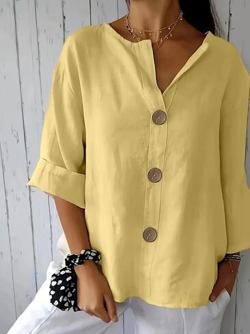 Women's Casual Linen Blend Button Down Shirt, V Neck 3/4 Rolled Sleeve Loose Fit Blouse, Versatile Daily Work Casual Top in Kuwait