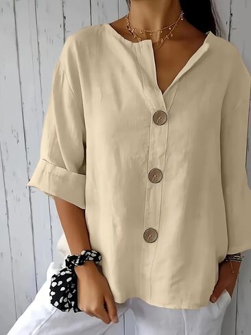 Women's Casual Linen Blend Button Down Shirt, V Neck 3/4 Rolled Sleeve Loose Fit Blouse, Versatile Daily Work Casual Top in Kuwait