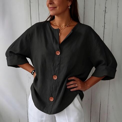 Women's Casual Linen Blend Button Down Shirt, V Neck 3/4 Rolled Sleeve Loose Fit Blouse, Versatile Daily Work Casual Top in Kuwait