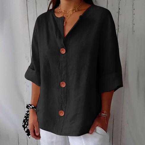 Women's Casual Linen Blend Button Down Shirt, V Neck 3/4 Rolled Sleeve Loose Fit Blouse, Versatile Daily Work Casual Top in Kuwait