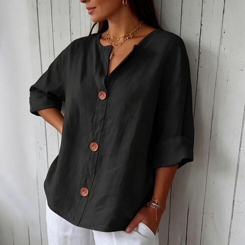 Women's Casual Linen Blend Button Down Shirt, V Neck 3/4 Rolled Sleeve Loose Fit Blouse, Versatile Daily Work Casual Top in Kuwait