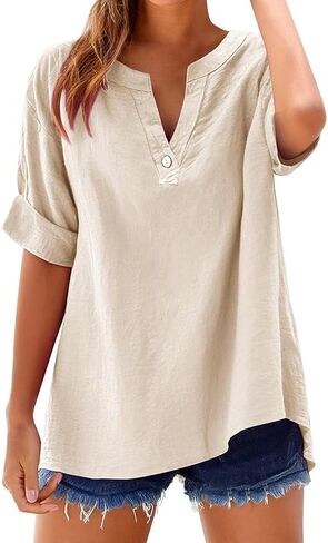 Linen Shirts for Women Spring Summer Short Sleeve V Neck Casual Loose Vacation Beach Blouses Cotton Linen Tops in Saudi Arabia