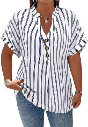 Plus-Size Women's Striped Blouse Spring Summer New Notched V-Neck Short Sleeve Decorative Buttons in Saudi Arabia